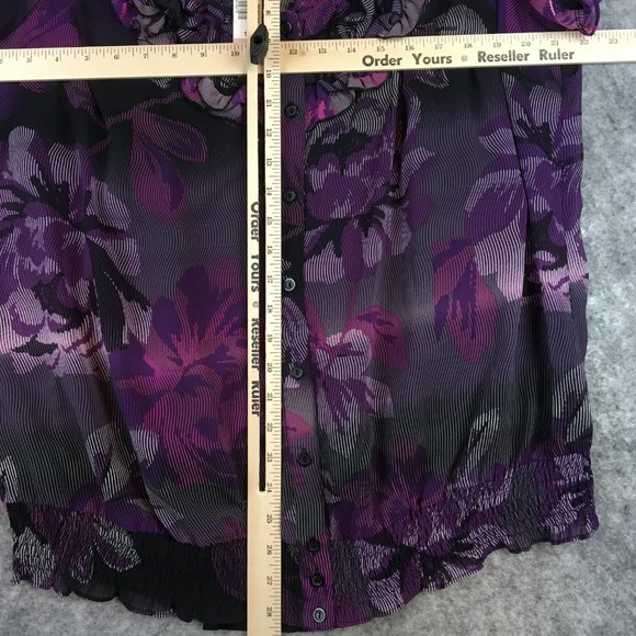 East 5th Top 1X Blouse Chiffon Button Front Smocked Short Sleeve Purple Office - Picture 7 of 10